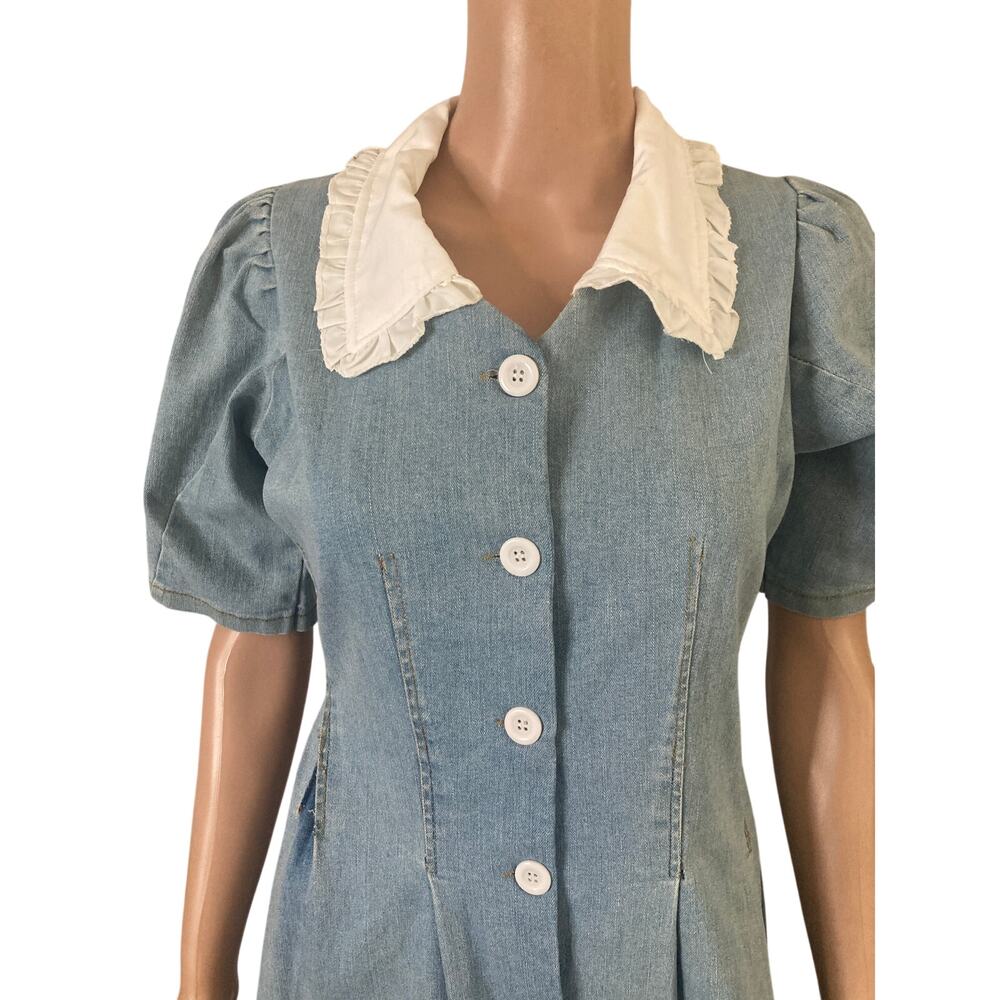 Vintage Denim Dress Womens Small Puff Sleeve Button Front Cottagecore Blue - Picture 4 of 8